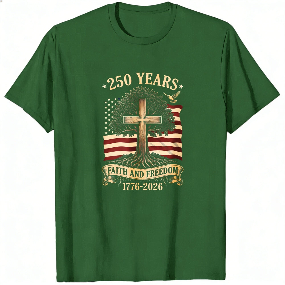Patriotic Christian American Flag Cross Tree 250 Years Faith And Freedom 1776 2026 Classic T-Shirt