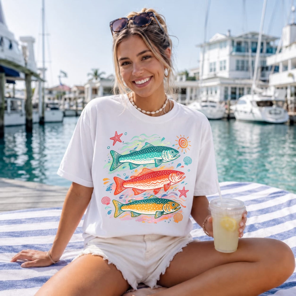 Vintage Style Classic T-Shirt Colorful Trout Fish And Sea Stars Ocean Art