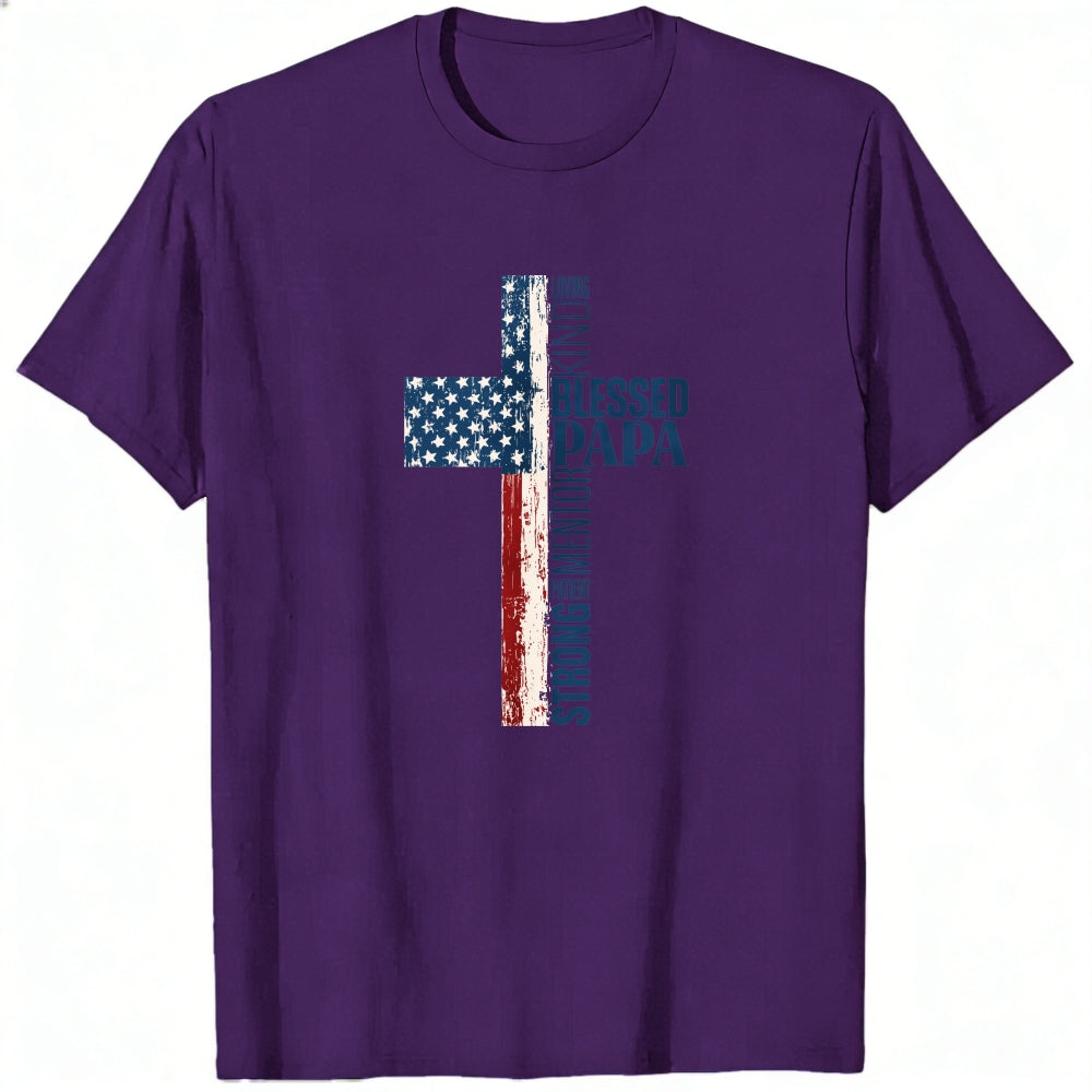 American Flag Cross Design Classic T-Shirt Blessed Papa Patriotic Christian Theme