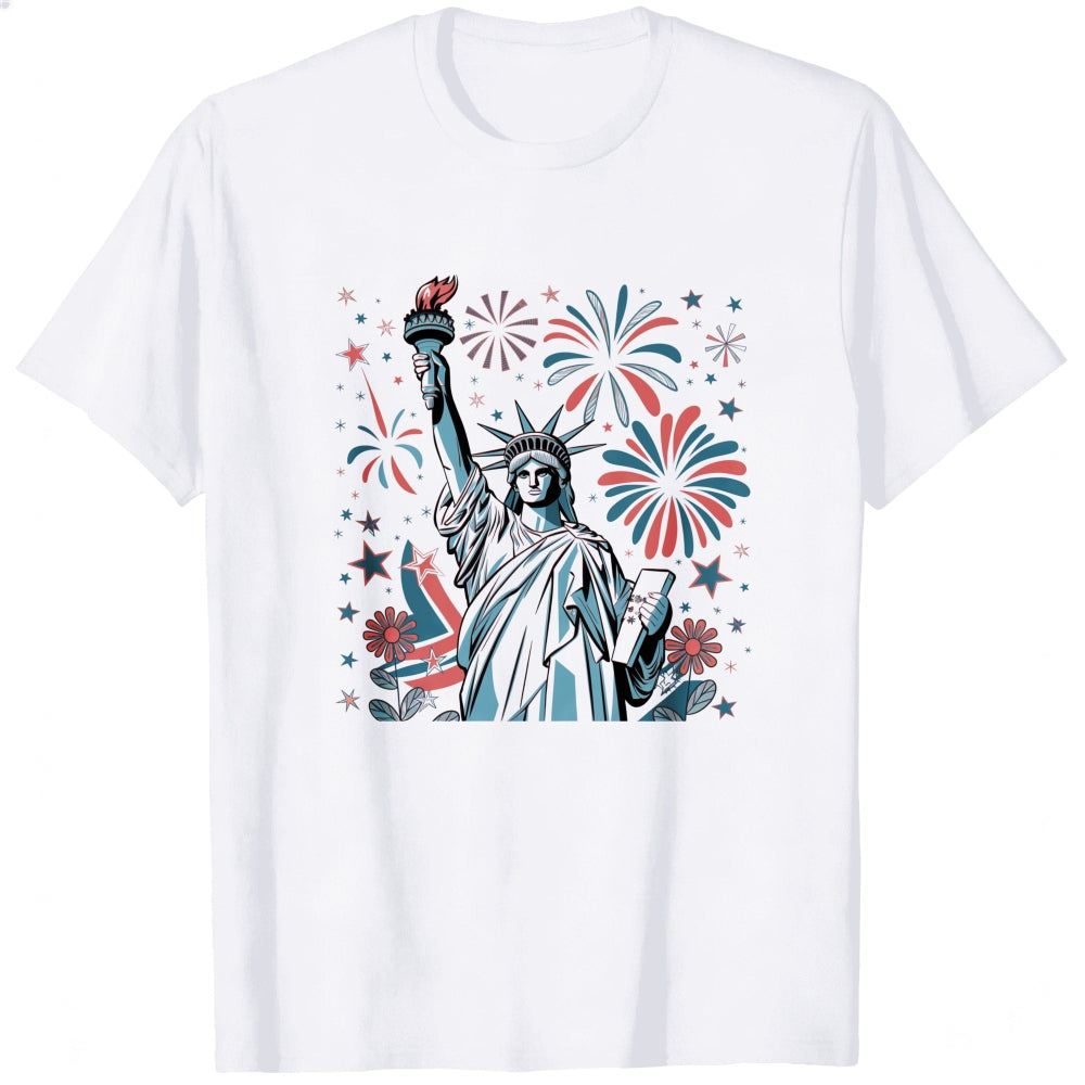 American Patriotic Design Classic T-Shirt Statue Of Liberty Fireworks Stars And Flowers