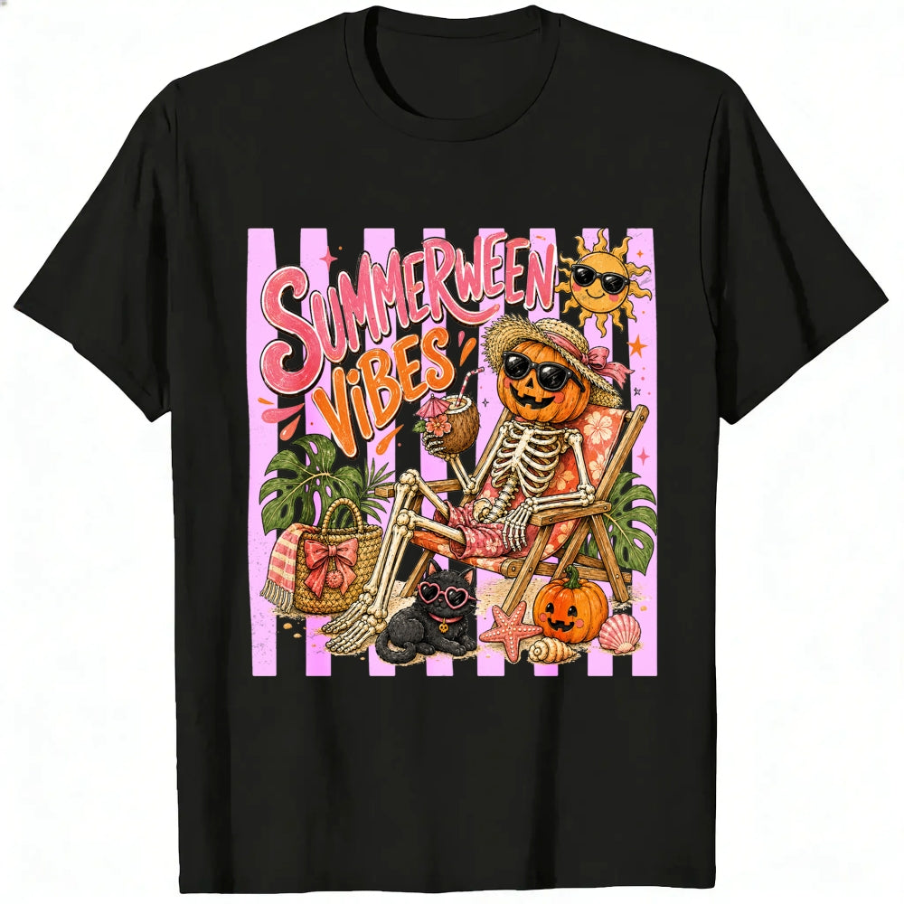 Retro Summer Halloween Vibes Skeleton Pumpkin Beach Classic T-Shirt