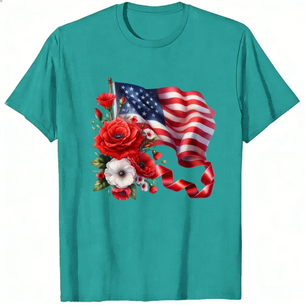 Patriotic American Flag And Flowers Classic T-Shirt